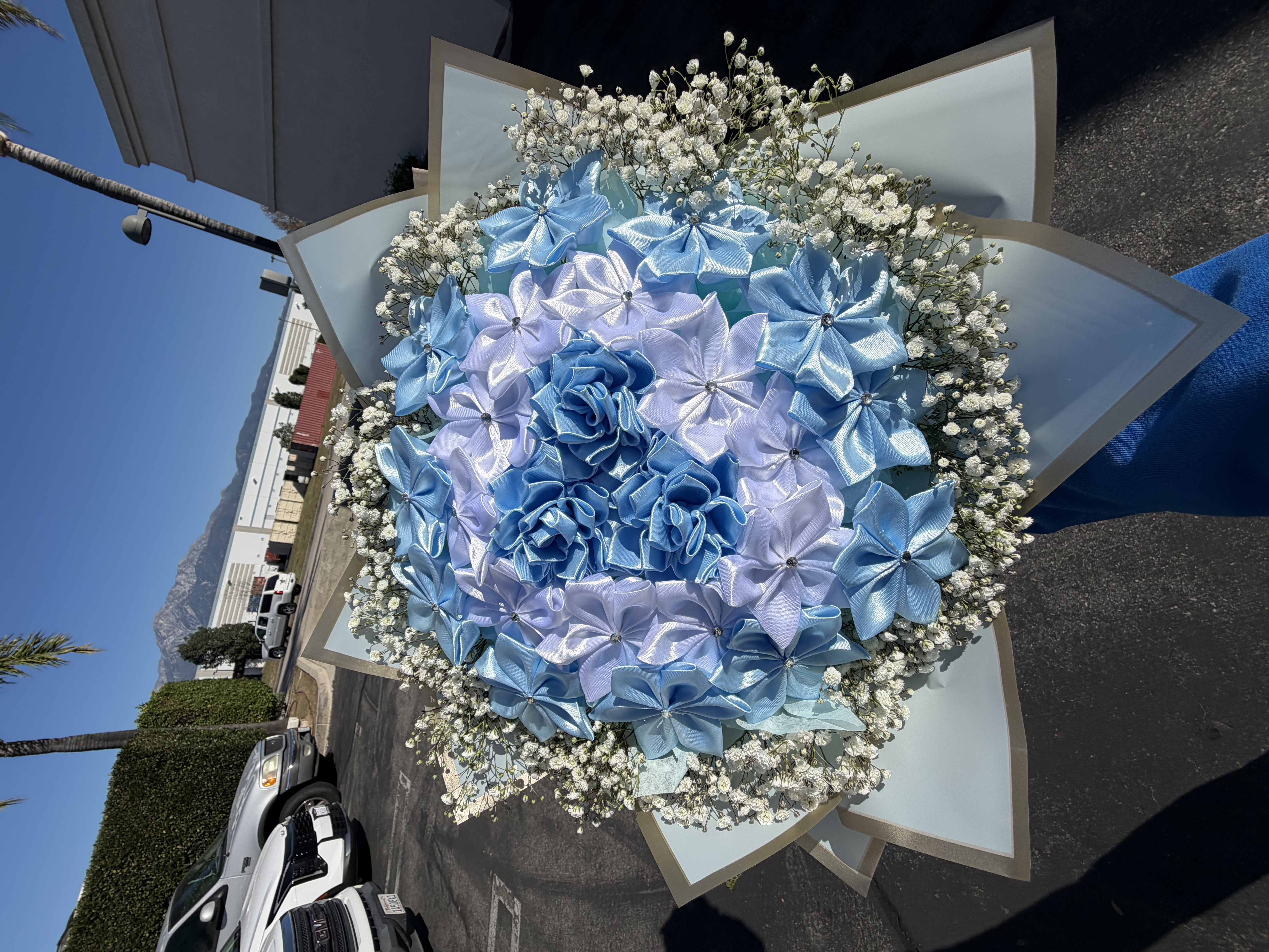 Blue and lavender ribbon bouquet