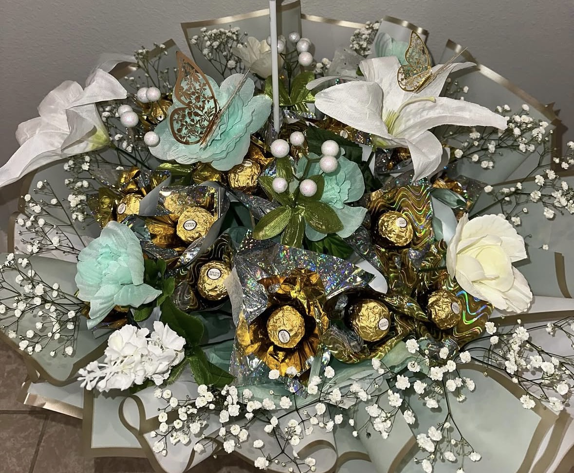 Mint and gold Valentine's bouquet with Ferrero Rocher and butterflies